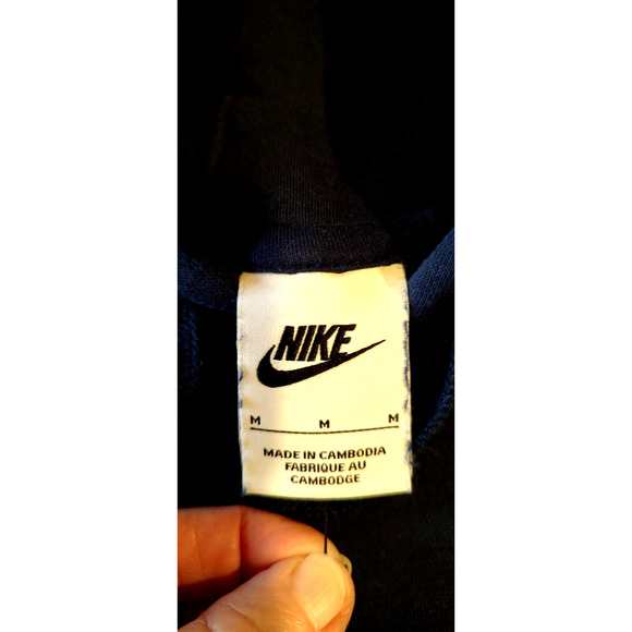 Mens Unisex Nike Embroidered Hoodie Sz M Navy Blue Hood Sweatshirt Pullover Gym - Picture 9 of 11